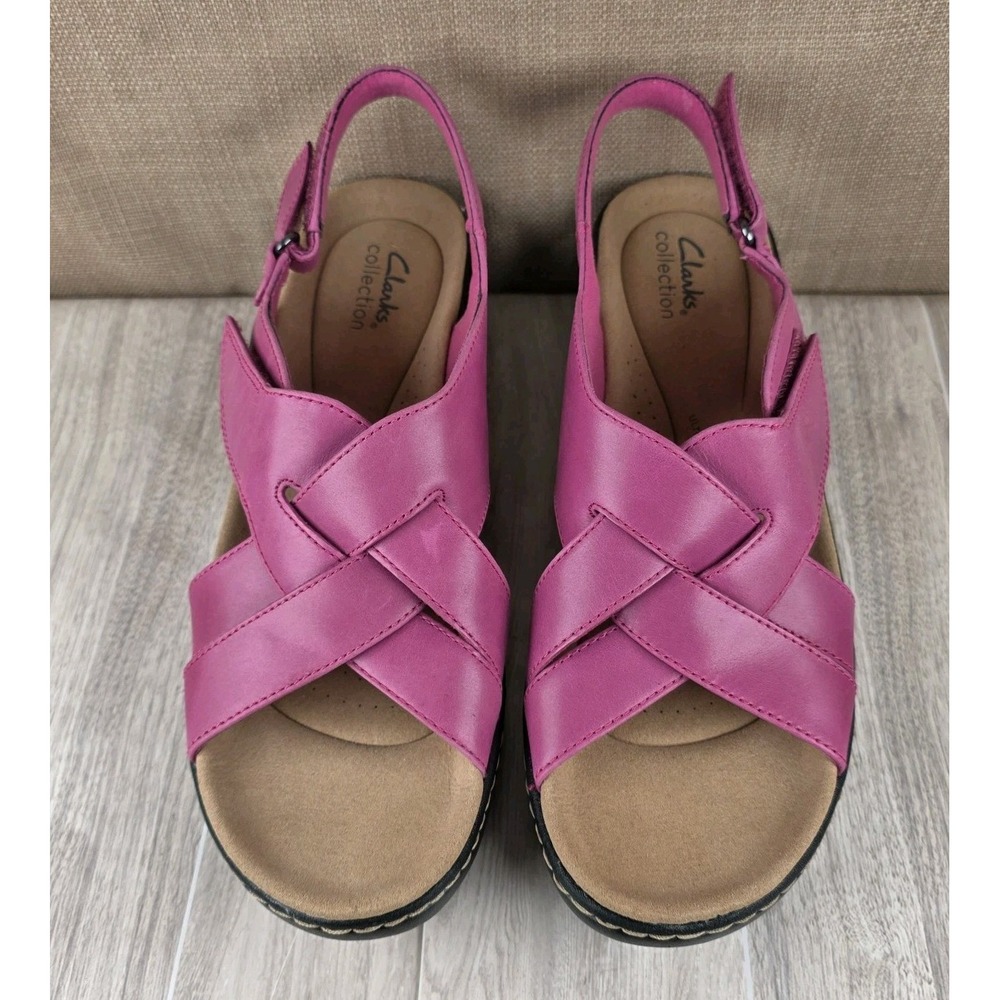 NEW Clarks Merliah Echo Womens 10 Narrow Sandals Fuschia Leather Strappy Wedges